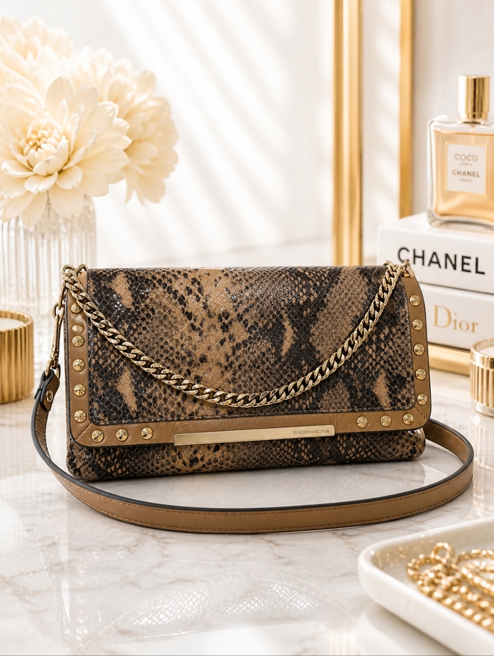 BCBGMAXAZRIA Snakeskin 100% Leather Convertible Shoulder Bag Clutch | Gold Studs